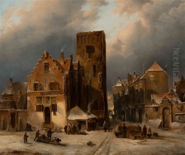 Snow-covered Church Square With Figures - view 1