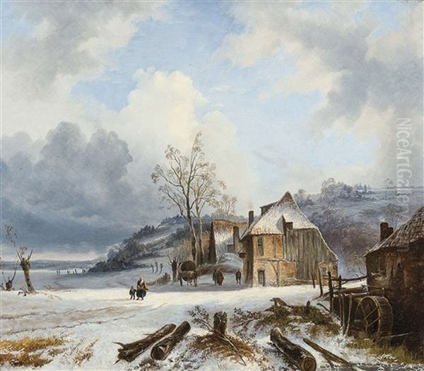 Paysage Vallonne Avec Personnages En Hiver - view 1