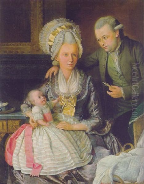 Group Portrait Of A Gentleman And His Wife With Their Child In An Interior With A Cradle By Their Side - view 1