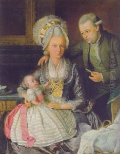 Group Portrait Of A Gentleman And His Wife With Their Child In An Interior With A Cradle By Their Side