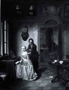 A Lady Seated By A Window In An Interior Holding A Book, With Her Maidservant Handing Her A Letter