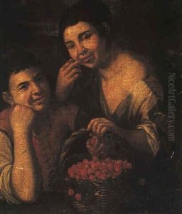 Two Peasant Children With A Basket Of Cherries by Pedro Nunez
