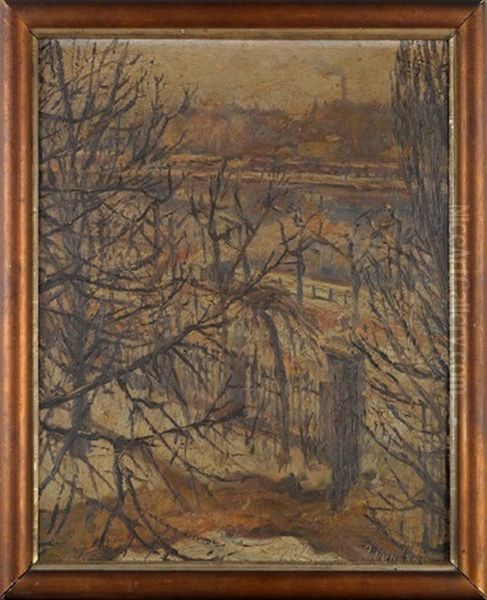 Winter Cityscape With A View Through Bare Trees Across A River - view 1