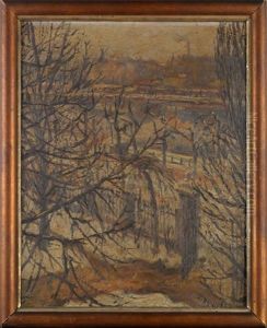 Winter Cityscape With A View Through Bare Trees Across A River by Jakob Nussbaum