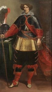 Portrait Of A Gentlemen In Armour Holding A Staff, His Helmet And A Letter On A Draped Table Beside Him