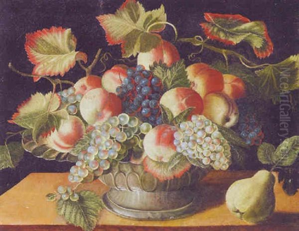 Peaches And Grapes In A Bowl With A Pear On A Stone Ledge - view 1