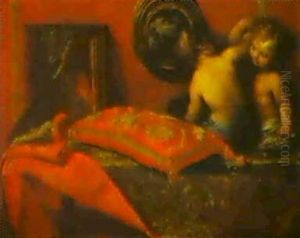 Two Children Seated On A Carpet Covered Table Beside A Cushion And Paintings Two Children Seated On A Carpet Covered Table Beside A Cushion And Paintings