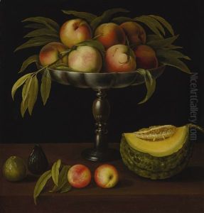 Still Life With A Raised Stand, Peaches, Figs, And A Pumpkin, All On A Marble Ledge