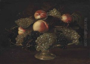 Peaches And Black And White Grapes On A Gold, Footed Plate by Panfilo Nuvolone