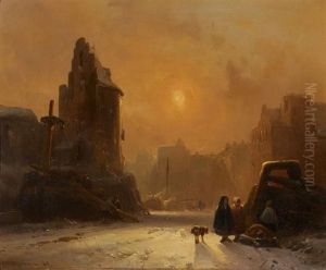 Eisiger Wintertag Auf Dem Zugefrorenen Kanal Einer Hollandischen Stadt by Wijnand Jan Joseph Nuyen