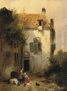 A Sunlit House With Two Girls Feeding The Ducks by Wijnand Jan Joseph Nuyen
