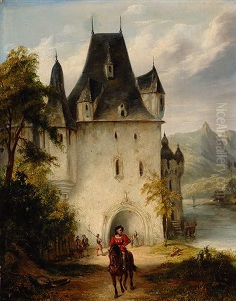Knight On Horseback By The Castle - view 1