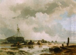 Fisherfolk And Horses Pulling A Boat On The Beach by Wijnand Jan Joseph Nuyen