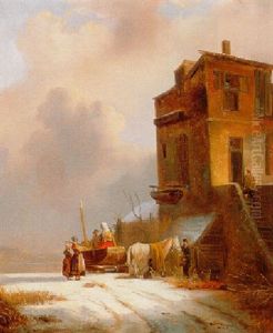 Winterlandschap Met Rechts Een Bespannen Slede Met Figuren Bij Een Huis