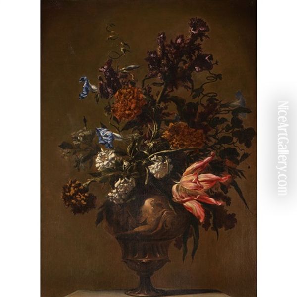 A Still Life Of Ipomoeas, Cirsium, Tulips, Carnations And Dog Roses - view 1