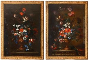 Chrysanthemums, Morning Glory, And Other Flowers In A Sculpted Vase On A Stone Ledge; And Tulips, Carnations, And Other Flowers In A Sculpted Vase On A Stone Plinth (pair) by Mario Nuzzi Mario Dei Fiori