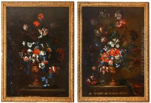 Chrysanthemums, Morning Glory, Roses And Other Flowers In A Sculpted Vase On A Stone Ledge; Tulips, Carnations, And Other Flowers In A Sculpted Vase On A Stone Plinth by Mario Nuzzi Mario Dei Fiori