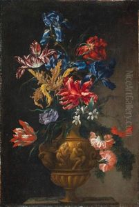 Tulips, Irises, Narcissi And Other Flowers In A Bronze Urn by Mario Nuzzi Mario Dei Fiori