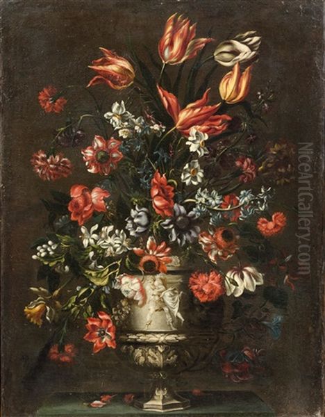 Bouquet Of Flowers In A Stone Vase - view 1