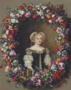 Portrait Of A Lady, Traditionally Identified As A Member Of The Colonna Family, Small Half-length, In A Green Dress With A White Chemise, Surrounded By A Garland Of Flowers