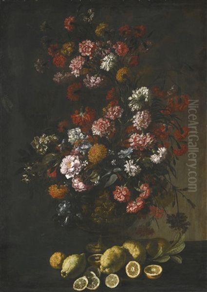 Still Life Of Flowers In A Bronze Urn, Lemons On The Ledge Beneath - view 1