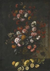Still Life Of Flowers In A Bronze Urn, Lemons On The Ledge Beneath