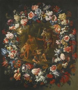 A Garland Of Flowers Surrounding A Scene Depicting Erminia And The Shepherd