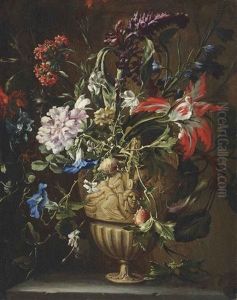 A Parrot Tulip, Morning Glories, A Spiraea And Other Flowers In A Sculpted Urn, On A Stone Ledge by Mario Nuzzi Mario Dei Fiori