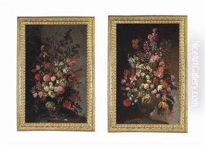 Tulips, Lilies, Irises And Other Flowers, In A Sculpted Urn, With...; Roses, Tulips, Chrysanthemums And Other Flowers, In A Sculpted Urn... (pair) by Mario Nuzzi Mario Dei Fiori