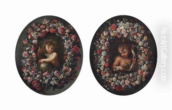 The Christ Child Surrounded By A Garland Of Flowers (+ The Infant Saint John The Baptist Surrounded By A Garland Of Flowers; Pair) - view 1