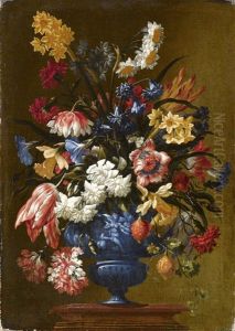 Narzissen, Anemonen, Tulpen, Roschen, Akeleien, Glockenblumen, Nelken In Einer Blauen Antikisierend Verzierten Vase by Mario Nuzzi Mario Dei Fiori