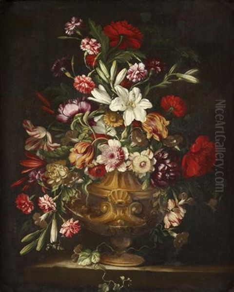Lilies, Carnations, Tulips, Anemonies, Morning Glory, Peonies And Other Flowers In A Sculpted Urn On A Stone Ledge - view 1