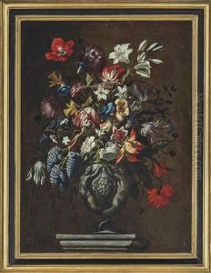 Tulips, Carnations, Narcissi, Poppies, Jasmin, Convulvulus And Other Flowers In A Sculpted Urn On A Plinth