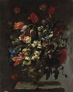 Narcissi, Daffodils, Clematis, Tulips, Carnations And Other Flowers In An Ornamental Vase, On A Stone Legde