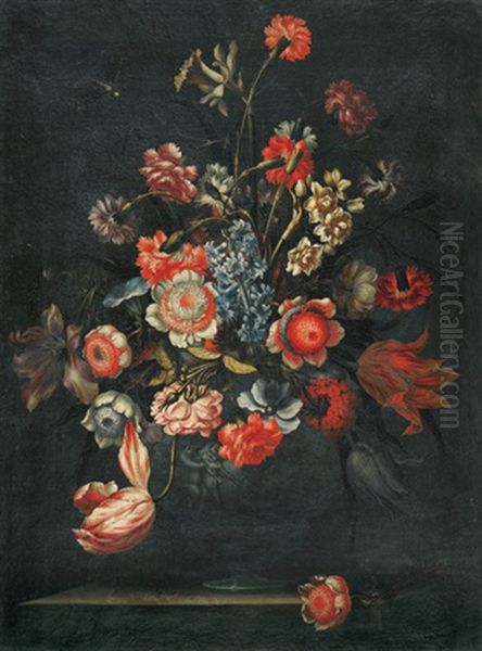 Blumenstillleben Mit Libelle In Antiker Reliefvase - view 1