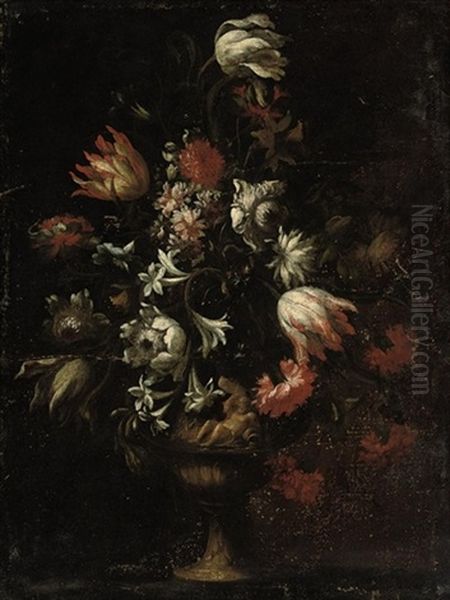 Carnations, Asters, Lilies And Morning Glory In A Sculpted Urn On A Table - view 1