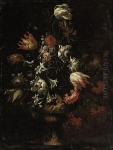 Carnations, Asters, Lilies And Morning Glory In A Sculpted Urn On A Table by Mario Nuzzi Mario Dei Fiori