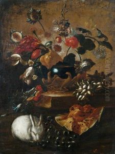 Blumen- Und Obststilleben Mit Einem Hasen An Einem Steinpodest by Mario Nuzzi Mario Dei Fiori