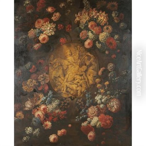 Still Life Of Flowers Surrounding A Carved Relief - view 1