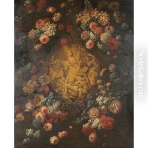 Still Life Of Flowers Surrounding A Carved Relief by Mario Nuzzi Mario Dei Fiori