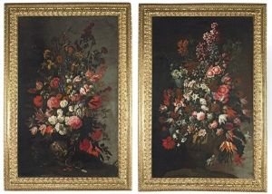 Tulips And Other Flowers, In A Sculpted Urn (+ Roses And Other Flowers; Pair) by Mario Nuzzi Mario Dei Fiori