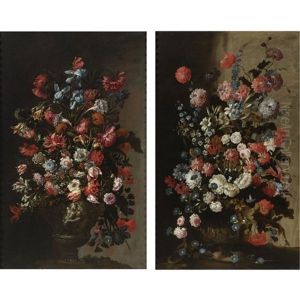 Still Life Of Tulips, Irises, Poppies And Other Flowers In A Sculpted Vase (+ Still Life Of Roses, Lilies, Poppies, Morning Glories And Other Flowers In A Sculpted Vase, With Two Partridges by Mario Nuzzi Mario Dei Fiori