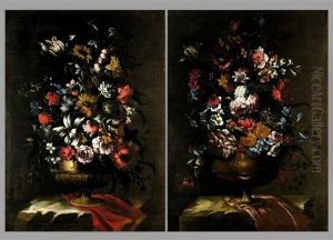 Stillleben Mit Blumen In Vase Auf Draperie (+ Another, Similar; Pair) by Mario Nuzzi Mario Dei Fiori