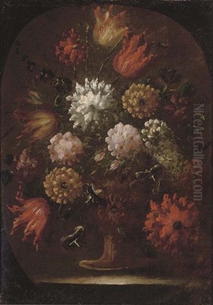 Chrysanthemums, Tulips And Other Flowers In An Urn - view 1