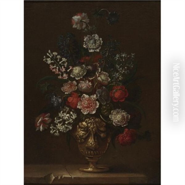 Still Life Of Flowers In An Urn On A Marble Ledge - view 1