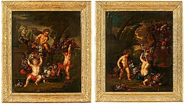 Stilleben Med Putti Och Blommor (pair) - view 1