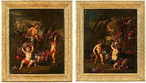 Stilleben Med Putti Och Blommor (pair)