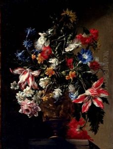 Tulips, Roses, Daffodils, A Carnation, A Poppy, Anemone, Jasmine, Morning Glory And Other Flowers In A Sculpted Urn, On A Stone Ledge by Mario Nuzzi Mario Dei Fiori