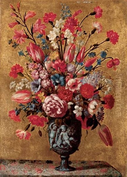 Tulips, Carnations, Roses, Anemones, Gladioli, Lilac, Morning Glory And Other Flowers In A Sculpted Urn, On A Tabletop - view 1