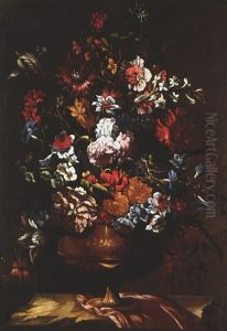 Stillleben Mit Blumen In Vase Auf Draperie by Mario Nuzzi Mario Dei Fiori